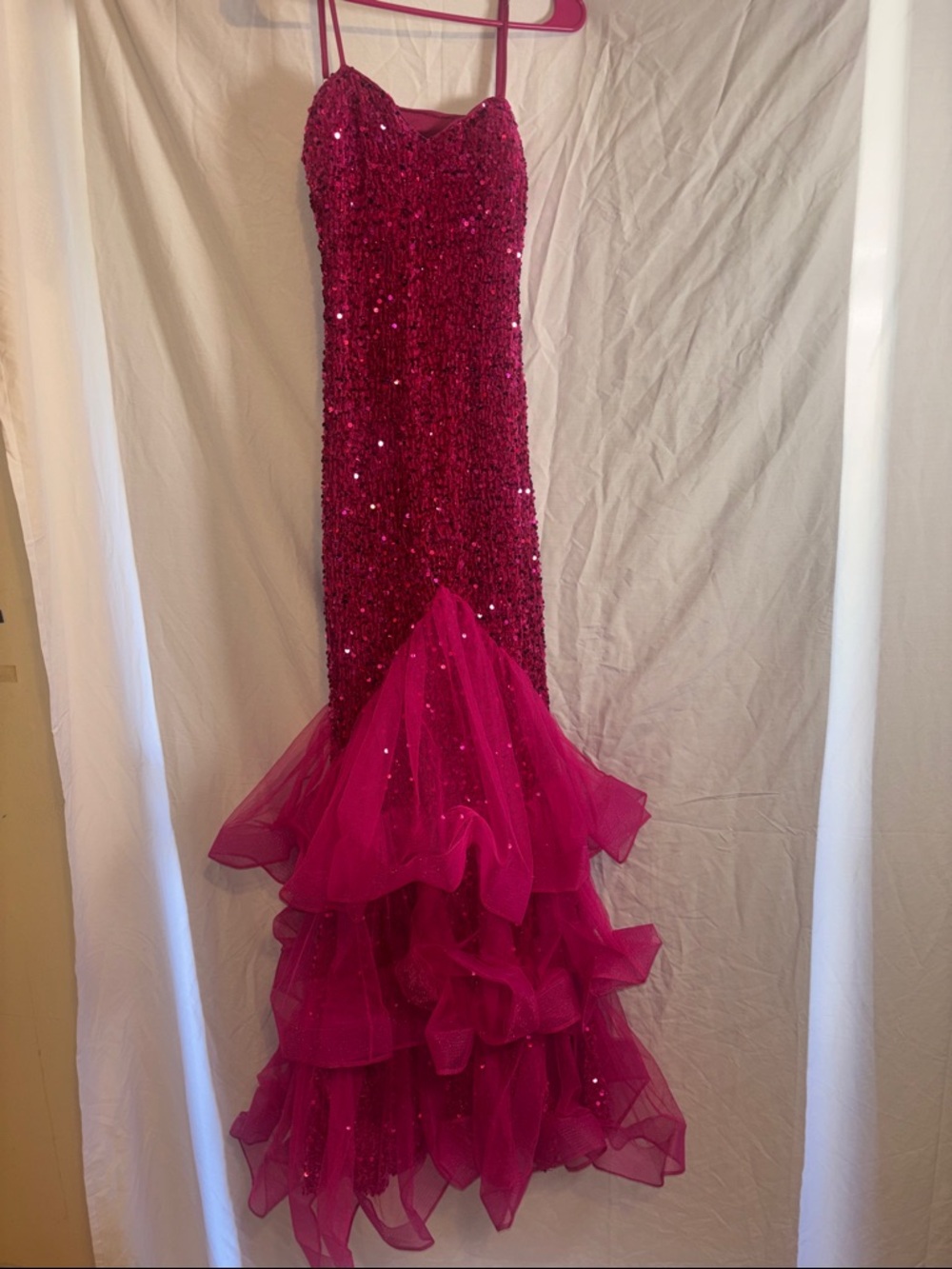 Fuchsia Sequin Ruffled Maxi Dress - Strap Evening Gown